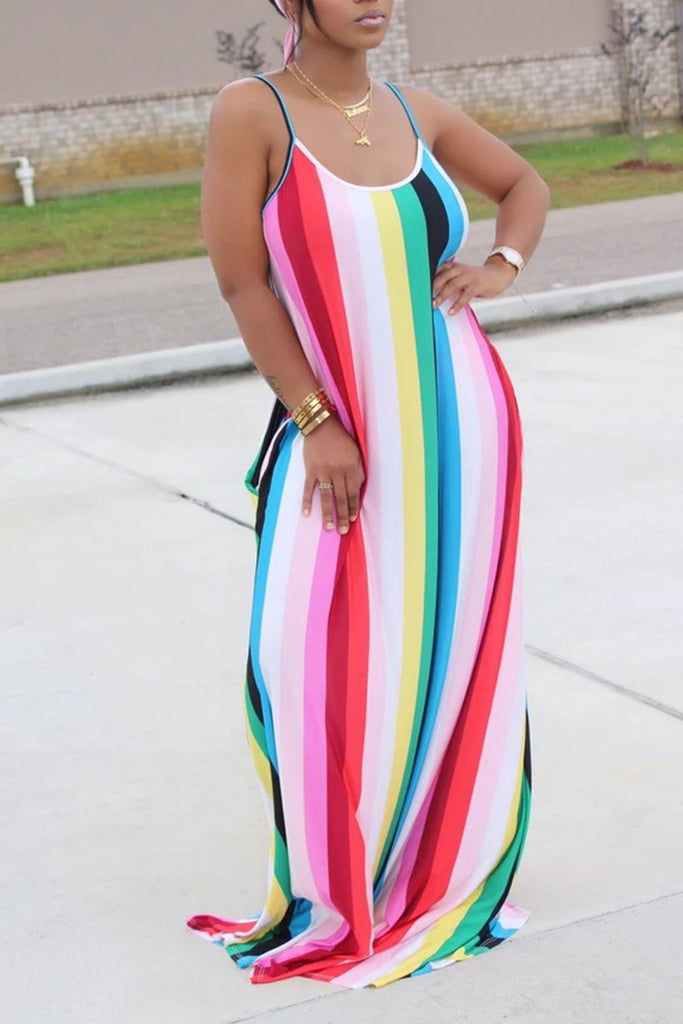 Rainbow Striped Round Neck Maxi Dress With Head Scarf – WHATWEARS